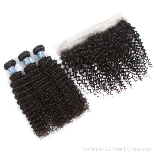 Natural Hair Color Products Kinky Curly Malaysian Hair Full Frontal Closure 13x4 with bundles
